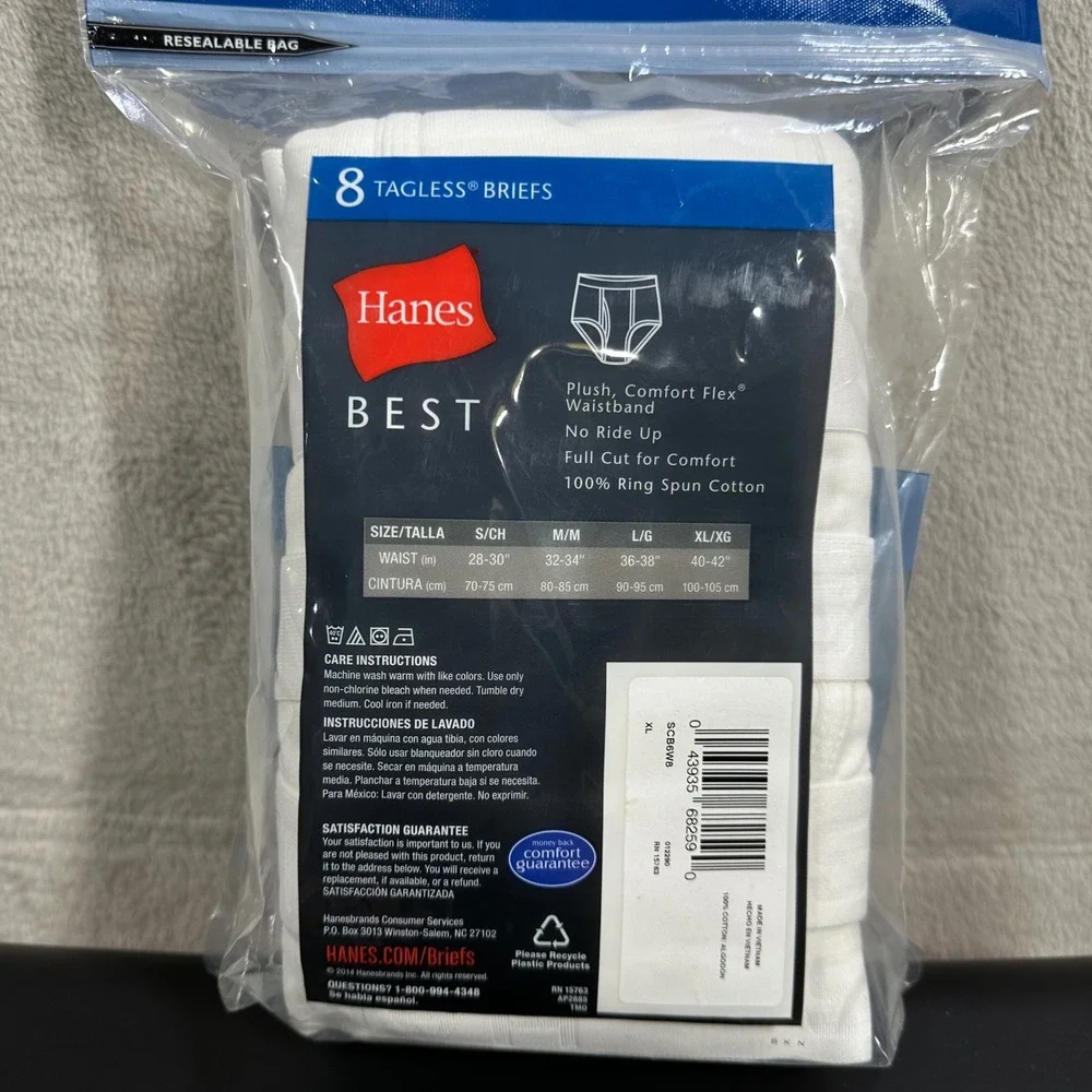 Hanes Briefs Mens XL White 8 Pack Tagless Cotton Comfort Flex Waistband